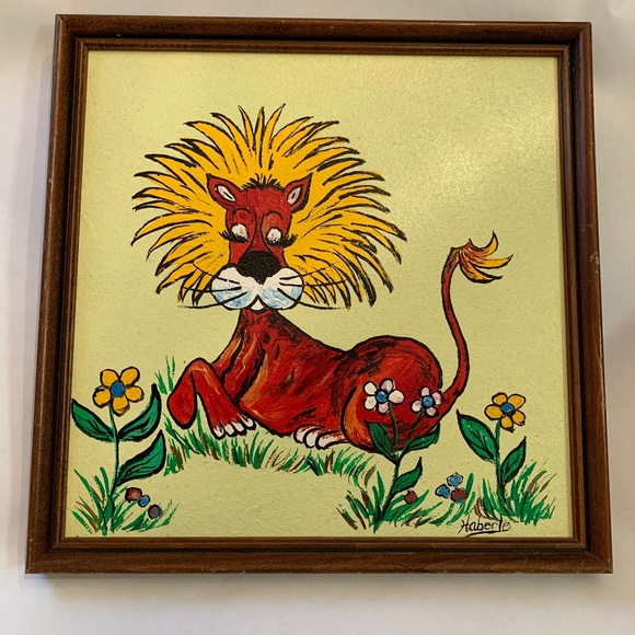 Unbranded Other - Vintage hand painted LION kitsch framed wall art